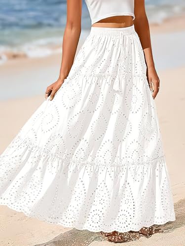 ebossy Women's Boho Elastic Waist Crochet Eyelet Embroidered Tiered Flowy A-Line Maxi Skirts2