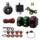 Paket beinhaltet 1x Hupenschalter, 1x Blinkerschalter, 1x Warnblinkschalter, 1x einstellbare Relais, 1x Sicherungen mit Halter, 1x wasserdichte 110 Hupe, 4 Stück gelbe Lichter, 4 Stück Lichter, 3x weiße Lichter, 2x Rückfahrscheinwerfer und 2x 15-Zoll Verlängerungskabel