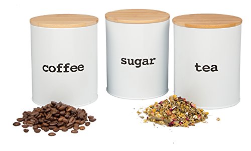 Kitchen Canister Set of 3 – Airtight Food Storage Jars with Bamboo Lids – Sugar, Tea, Coffee Containers – Pantry Organizer Set – Modern Countertop Decor – Holiday Gift Idea