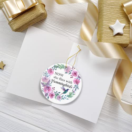 Memorial Christmas Ornament-Now She Flies With Hummingbirds-Bereavement Gift Sympathy Gift In Loving Memory Ceramic Ornament Xmas Tree Ornament Decorations 3" Round Ceramic Tree Ornament With Gift Box #TOP2