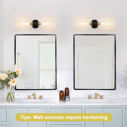 Image of Indoi Hardwired Wall Sconces Set of Two, 22 inch Black and Gold Bathroom Sconces with Clear Glass, Modern Sconces Wall Decor Set of 2 Wall Light fixtures for Bathroom Mirror Living Room Hallway Bedroom