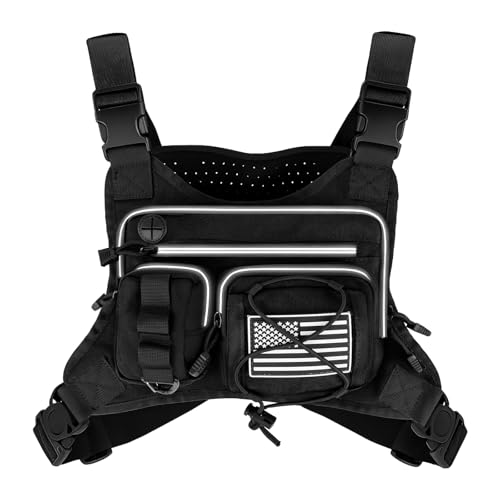 KOZEVARNY Tactical Breathable Chest Bag, Multi-functional Running Vest, Featuring Reflective Zipper Pocket and Flag Patch, Adjustable Straps, for Night Running, Hiking, Cycling and Fitness Use (Black)