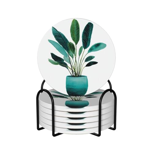 Green Banana Palm Leaves in A Teal Pot Ceramic Coasters