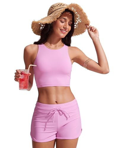 Image of CRZ YOGA Racerback Crop Bikini Tops | Built-in Pads, A-D Cup, High Neck, Swim, Bathing Suit Tank for Women