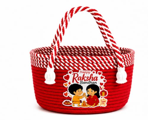Image of BROOM Raksha Bandhan Gift Hamper Basket, Handmade Red Cotton Rope Storage Basket with Handle Decorative Organizer for Chocolates, Dry Fruits, Return Gifts, Home Decor & Festive Celebration (Red)