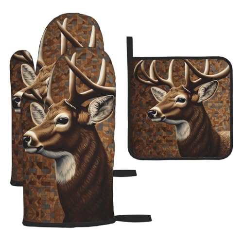 3 Pcs Oven Mitts and Pot Holders Set 500°F Heat Resistant Oven Gloves and Hot Pads Kitchen Mittens Deer on Brown Background Cooking Gloves Potholders for Baking Grilling BBQ