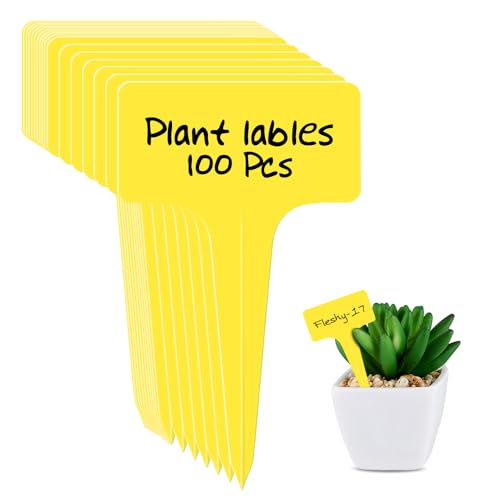TIECHI 100Pcs Plastic Plant Labels for Seedlings T-Type Garden Plant Markers & Labels for Herb Vegetables 10x6cm Waterproof Outdoor Plants Markers (Yellow)