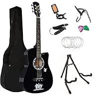 {4/4 Full-Size Acoustic Guitar}: Crafted from high-quality basswood with a birch fingerboard, this classic guitar delivers rich, clear sound with smooth, balanced tones. {Comprehensive Accessory Pack}: Set includes a guitar, clip-on tuner, guitar str...