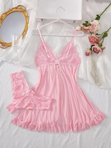 Image of Foxiny Sexy Ruffle Sheer Mesh Lace Wireless Babydoll Lingerie Dress with Thong 2 Piece