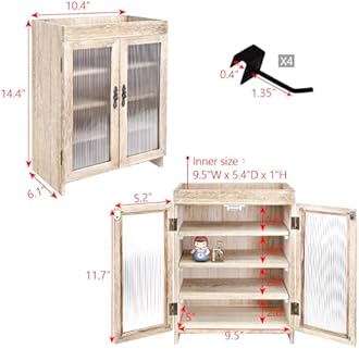 Ikee Design Wooden Countertop Storage Cabinet with Wavy Magnetic Door, Adjustable Shelves, Removable Hooks. Perfect for Perfume, Figurines, and Coffee Cups, Vintage White, 10.4 W x 6.1 D x 14.4 H in