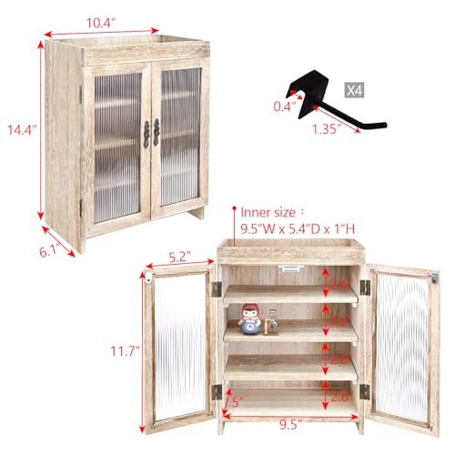 Ikee Design Wooden Countertop Storage Cabinet with Wavy Magnetic Door, Adjustable Shelves, Removable Hooks. Perfect for Perfume, Figurines, and Coffee Cups, Vintage White, 10.4 W x 6.1 D x 14.4 H in