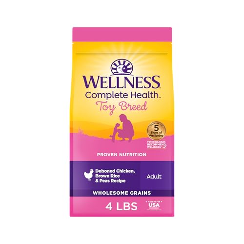Wellness Complete Health Dry Dog Food for Small Dogs, Toy Breed, Wholesome Grains, Natural, Chicken, Brown Rice, & Peas Recipe, 4-Pound Bag
