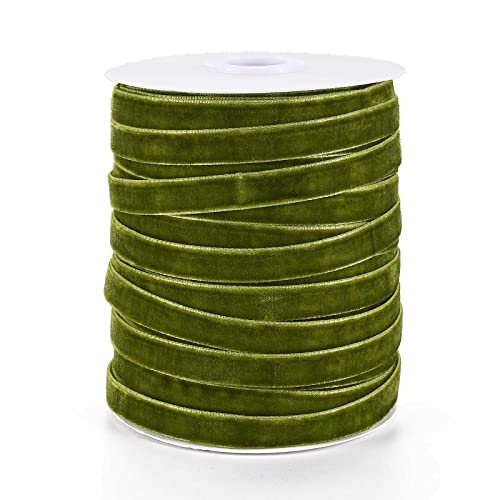Pandahall 50 Yards Velvet Ribbon 3/8 inch Single Face Satin Ribbon Roll Decorating Lace Trim for Gift Package Wrapping Hair Bow Clips Making Dark Olive Green Color