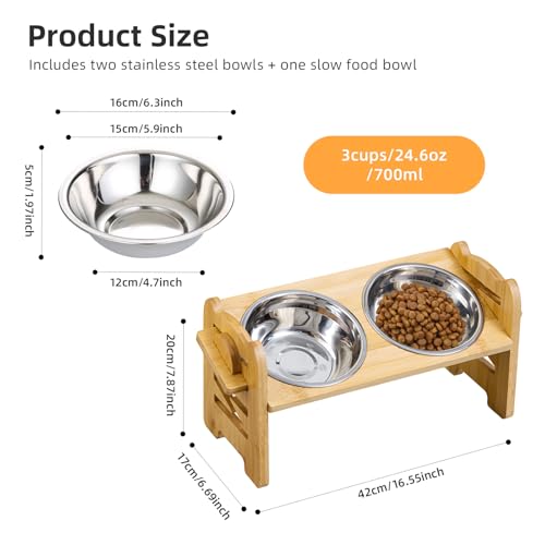 DOKKOME Hundenapf Höhenverstellbar Futternapf Erhöht Hundebars für Hunde mit Bambus Ständer für kleine Hunde und Katzen Futterstation rutschfest Edelstahlnäpfe Gelenkschonend