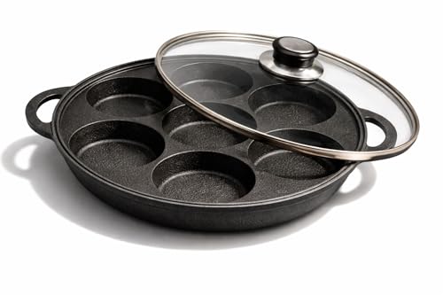 Qelunaro Cast Iron Banh Khot & Paniyaram Pan with Glass Lid 7 Large Cavities 11 Inch Multi-Cavity Stovetop Pan for Vietnamese Mini Pancakes Appe Appam Pan Ponganalu Pan & Paddu