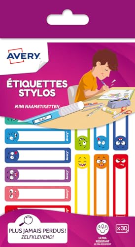 AVERY - Avery - 30 Étiquettes Autocollantes Résistantes pour Crayon de Couleurs, Feutres et Stylo 4 Couleur - Format 50 x 10 mm - Motifs Smiley - Surface Blanche Inscriptible - Adhésif Permanent