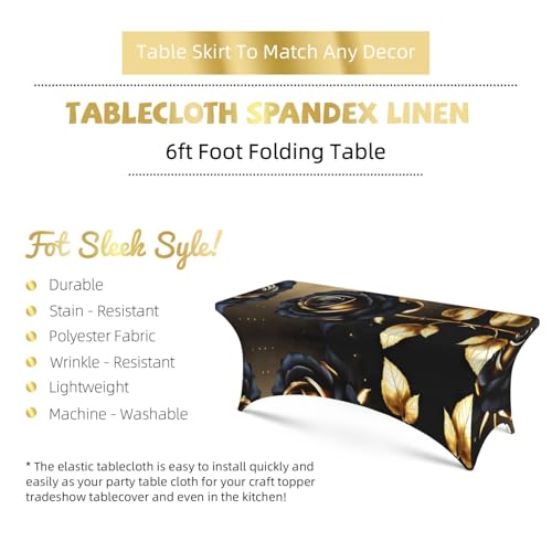 Nappe élasthanne 1,8m fleurs noires dorées pour table de fête