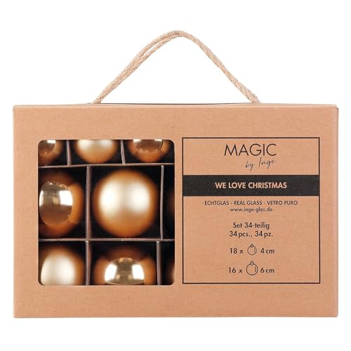 Inge Glas Weihnachtskugeln | Große Kugelbox mit 34 Kugeln | 4cm & 6cm große Christbaumkugeln (Inkagold | Gold)