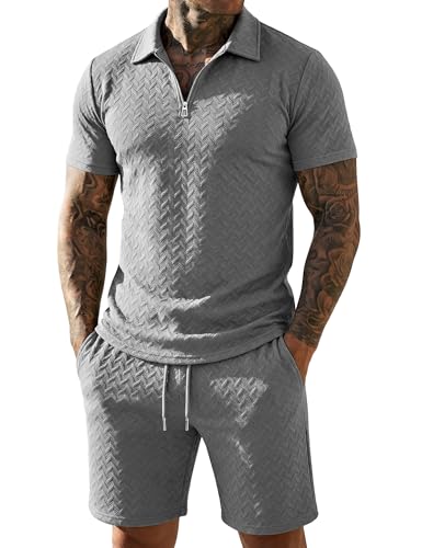 Image of URRU Mens Textured Polo Shirt and Shorts Sets Outfits 2 Piece Summer Tracksuits Casual Quarter Zip Golf Polo Shirts