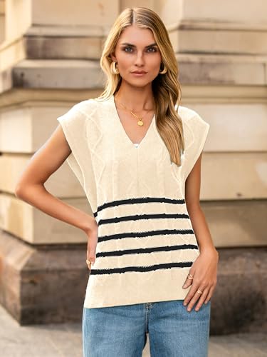 Glamaker Women Striped Sweater Vest Sleeveless V Neck Knit Oversized Casual Cap Sleeve Fall Tops 2025 Trendy2