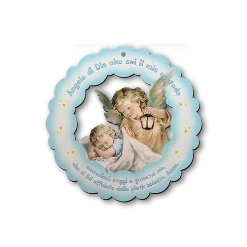 Fratelli Bonella | Quadro in legno con angelo e lanterna per bambino con preghiera Angelo di Dio 12 x 12 cm | Made in Italy