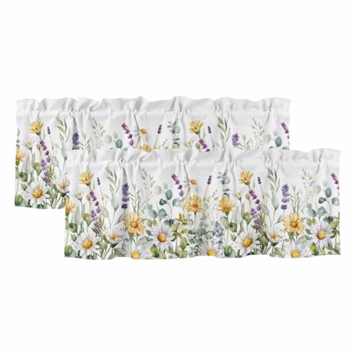 YOKOU Lavender Daisy Flower Kitchen Curtain Valance,Summer Short Rod Pocket Valances Watercolor Eucalyptus Leaves Floral Window Curtain for Living Room,Bedroom,Bathroom,54" Wx18 L,2 Panel