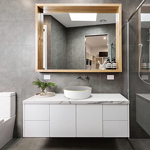 Lifezcime 16.5" Round Ceramic Bathroom Sink, Above Counter Circle Vessel, Luxury Gold Rim Bathroom Vessel Sinks, White Modern Lavatory Bowl Basin #TOP7