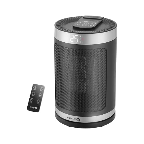HOMILEC Electric Heater, Space Silent Heater 1500W, Low Energy Ceramic Oscillating Fan Heater, Remote Control, Digital Thermostat, 3 Heat Modes, 12-Hour Timer, Grey