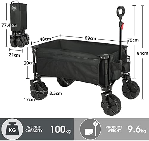 Timber Ridge Collapsible Folding Festival Wagon, Pull Along Trolley on Wheels with Adjustable Handle Cover Bag Drink Holders, Camping Outdoor Garden Picnic Shopping Beach, Black