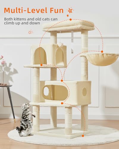 Image of Taoqimiao Cat Tree, 49In Cat Tower for Indoor Cats Large Adult | 2 Luxurious Cat Condos, Thick Padded Top Perch, Adjustable Hanging Baskets, 5 Scratching Sisal Posts, Beige MS029LM