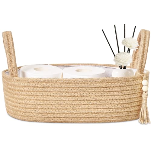ABenkle Jute Rope Boho Storage Basket, Small Woven Bathroom Organizer, Decorative Toilet Paper Holder for Back of Tank, Hand Towel Caddy, Home Office Desk Decor, Gift Basket-13x6x4 Inches