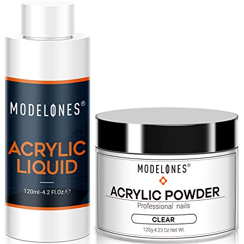 Modelones Acrylic Powder Clear Acrylic Powder Kit 4.23 oz + Professional Liquid Monomer 4.2 oz Nail System For Nail Extension Acrylic Powder and Liquid Set No Need Nail Lamp, Fas-tDry Powder, MMA Free Liquid