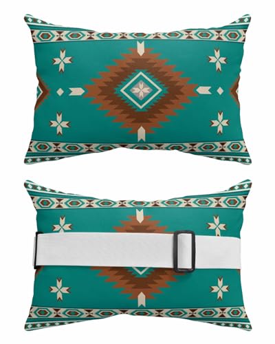 Boanket Outdoor Lumbar Pillow Set of 2, Teal Brown Southwestern Waterproof Beach Headrest Pillow with Inserts, Modern Ethnic Geometric Abstract Art Recliner Throw Pillow for Patio Furniture, 11