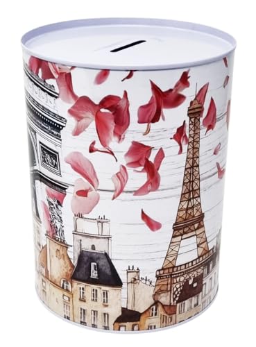 Tirelire Design Paris Éléments caractéristiques de la ville et monuments Tour Eiffel Notre Dame Arc de Triomphe en métal Étain non ouvert 16 x 13 cm