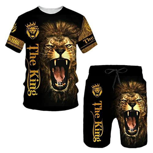 T-shirt homme 3D lion féroce avec short pour un été décontracté
