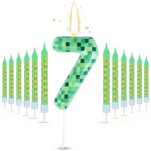 13PCS Pixel Candle Cake Decorations, Green Number 7 Cake Topper Game Birthday Decorations, Green Number Cake Candles for Boys Girls Wedding Baby Shower Video Game Party Supplies