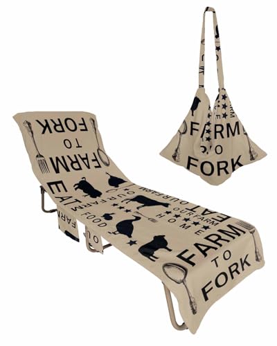 Farmhouse Brown Beach Lounge Chair Towel Cover, Soft Chaise Lounge Towel with Side Pockets Patio Pool Chairs Cover for Beach/Pool Sunbathing 29x85 Farm Star Fork Pig Chicken Duck Bunny Cow