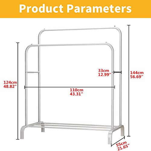 Udear Garment Rack，43.3 Inches Freestanding Hanger Double Pole Multi-Functional Bedroom Clothing Rack, White #TOP3