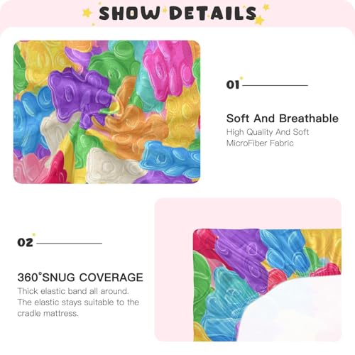 Image of Baby Crib Sheet Colorful Sweet Jelly Bears Crib Mattress for Boys and Girls Gummy Candies Playard Sheet Soft Breathable Fitted Baby Mattress Cover 52x28in