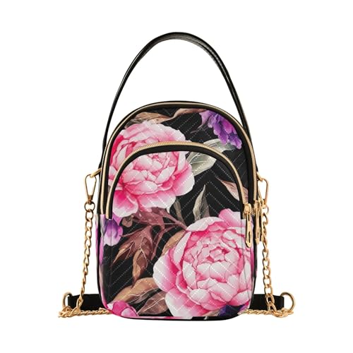 Watercolor Pink Purple Peonies over Shoulder Handbags Lady Cell Phone Purse Chain Strap Floral Print Zipper Bowler Tote Ladies Satchel, 5.9