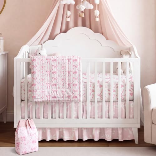 Image of Hahafelt 4 Pieces Crib Bedding Set for Girls and Boys, Pink Bow