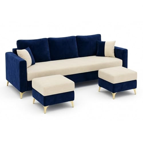 Image of Classiq Rich 5 Seater L Shape Sofa Set with 2 Movable Ottomans | Flexible Layout | Rich Velvet Suede Fabric | Silver Legs | Dual Tone Modern Sofa for Living Room (Dark Blue-Cream)