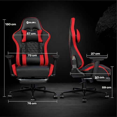 Image of CELLBELL Shadow FT Ergonomic Gaming Chair with Footrest Premium PU Leather 4D Armrests 180 Degree Recline Class 4 Hydraulic Tilt Lock Diamond Design Heavy Duty Base 60mm Wheels (Red)