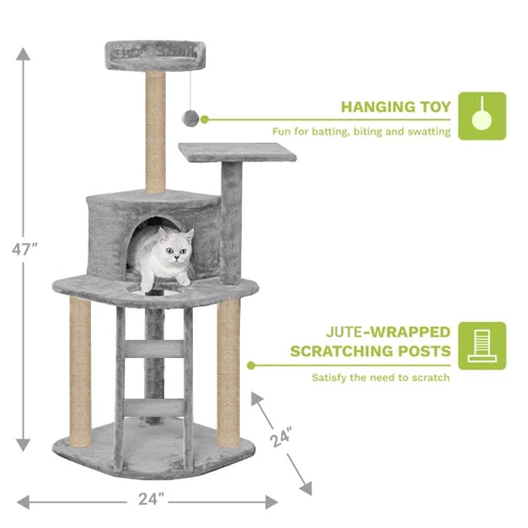 Image of Plush Fur Fabric Kitten Cat Tree - Climbing Ladder | Top Perch | Spacious Condo | Furry Ball | Jute Rope Scratching Posts (Medium) (Grey - FURR-49)