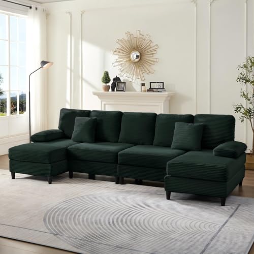 Mjkone - Mjkone 112" Width U Shaped 4 Seater Sofa Couch with Double Chaises Sleeper Sectional Sofa Couches for Living Room, Corduroy Sofas Couches Set for Living Room Sets Furniture with 2 Extra Pillows, Green