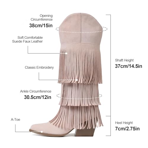 Image of Cowgirl Boots Women Retro Pull On Block Chunky Suede Fringe Cowboy Boots | Pointed Toe,Concert Outfits Knee High Western Boot, Country Boots,Tall Boot for ladies Party concert