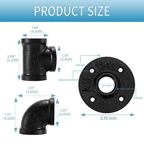 1/2" Black Pipe Fitting, Home Tzh 20 Pack 1/2" Black Floor Flange/Elbow/Tee Combo For Industrial Vintage Style, Flanges/Elbow/Tee With Threaded Hole For Diy Project/Furniture/Shelving(20, Black 1/2") #TOP1