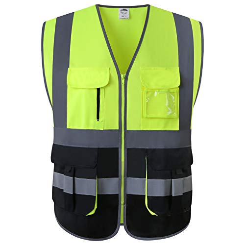 JKSafety 7 Pockets High Visibility Zipper Front Safety Vest With Reflective Strips.Meets ANSI/ISEA Standards(Yellow-Black M)