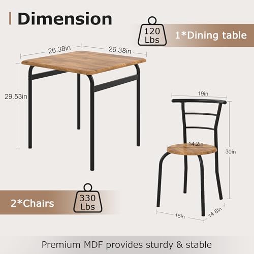 Image of VECELO 3-Piece Dining Table Set for Kitchen Breakfast Nook, Wood Grain Square Tabletop and Metal Frame, for Small Spaces, Vintage Brown