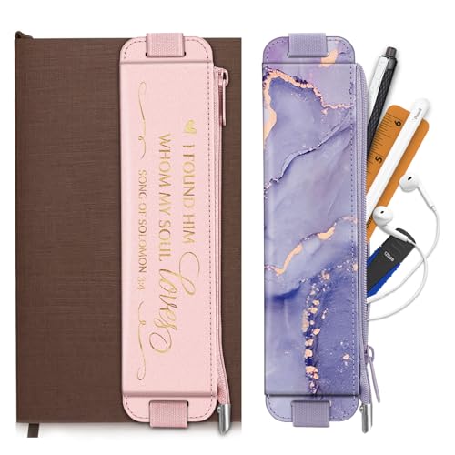 Estuche de 2 lápices de Poliuretano con Banda elástica, Bolsillo con Cremallera para Diario, Cuaderno, útiles Escolares, tabletas, Oro Rosa y mármol púrpura, Estuche para